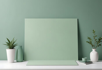 Creative desk setup with frames and green decor