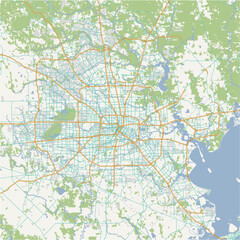 Map of Houston Metro in Texas in a normal road map style. Contains layered vector with roads water, parks, etc.
