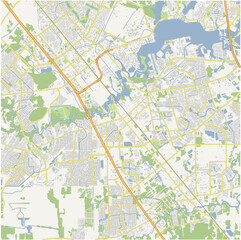 Map of League City in Texas in a normal road map style. Contains layered vector with roads water, parks, etc.