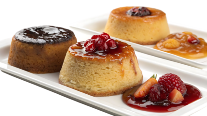 Three plates of custard with different toppings