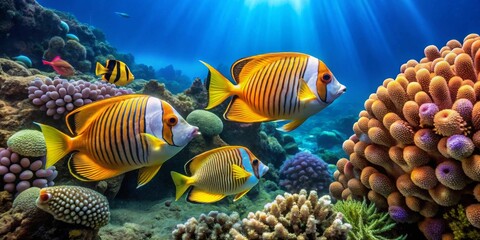 Fototapeta premium Vibrant Reef Fish Swimming Amidst Colorful Coral Structures in a Sunlit Underwater Scene