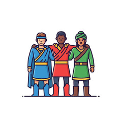 Vector Illustration of Three Soldiers in Traditional Uniforms in Modern Minimalist Style with Bright Primary Colors