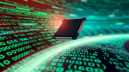 A close-up of a computer chip with flowing digital code, highlighting data processing.