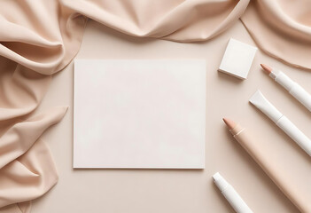 Beige styled flat lay with cosmetics and blank card