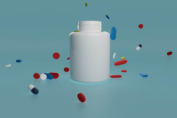 A white pill bottle with a blue, red, and yellow pill inside