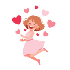Fototapeta premium A happy cartoon woman with curly brown hair jumps joyfully surrounded by floating pink and red hearts, wearing a light pink dress.