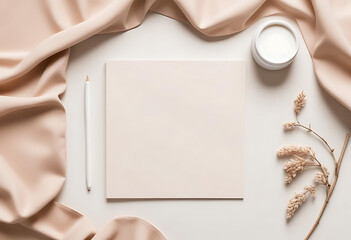 Beige styled flat lay with cosmetics and blank card