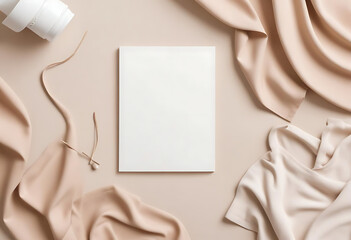 Beige styled flat lay with cosmetics and blank card