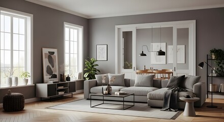 Fototapeta premium Modern Living Room with Elegant Grey Wall Paint