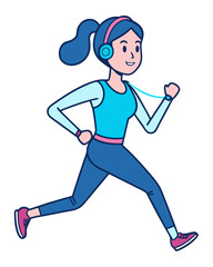 Illustration of woman running with headphones for cardio workout fitness and healthy lifestyle exercise