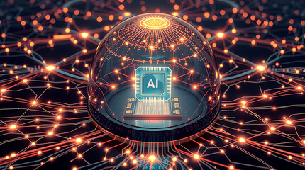 A futuristic representation of AI technology, featuring a central processing unit.