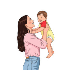 A smiling mother holds her happy baby up in the air, both looking at each other with joy and affection.