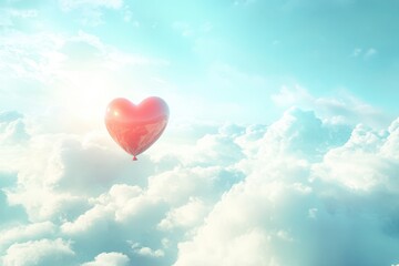 Fototapeta premium A red heart balloon floating in the sky with soft clouds around with copy space. Gentle sunlight. Dreamy pastel background. 