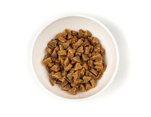Mini pet food shaped like hearts isolated, small dogs crunchy treats pile, flavored brown dry kibble