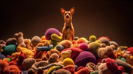 Un elegante perro de raza Shiba Inu se alza como un rey sobre un montículo de juguetes coloridos.