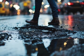 A pedestrian carefully stepping around a large pothole filled with water and debris, highlighting road hazards with copy space. 