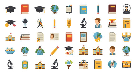 A collection of educational icons featuring books, graduation caps, globes, microscopes, pencils, and students, representing various aspects of learning and academia.