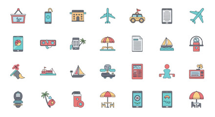 Colorful travel and vacation icons; diverse symbols for planning trips.