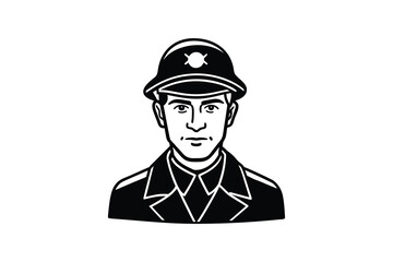Obraz premium Detailed Black and White Illustration of a Police Officer in Uniform Featuring a Distinct Silhouette Style on a White Background silhouette