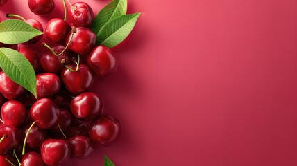 Un festín de cerezas frescas sobre un fondo rojo intenso.