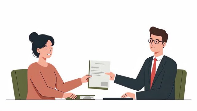 Flat vector a man in a suit is handing a document to a woman during a business meeting, symbolizing agreement and collaboration isolated on white background