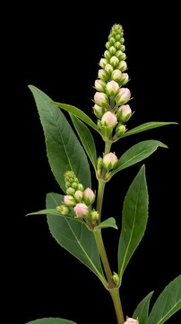 Vertical Composition Of Pink And Green Flower Bud With Detailed Green Leaves Isolated On Black Background