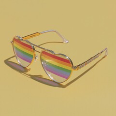Colorful heart-shaped sunglasses with rainbow lenses on a yellow background. Ideal for summer fashion and vibrant style.
