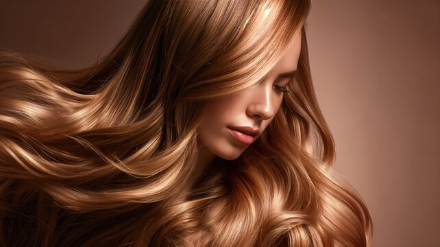 Retrato de una mujer con cabello largo y ondulado en tonos dorados y cobrizos.