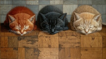 Tres gatos de diferentes colores descansando plácidamente sobre un suelo de madera.