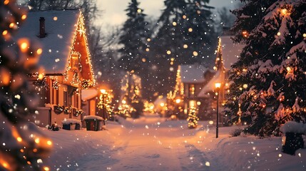 Obraz premium Magical snowy village street illuminated by warm christmas lights and falling snow