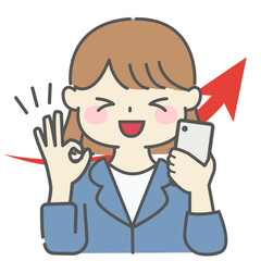 スマホ操作で成果や上昇を実感し満足そうに微笑む女性のベクターイラスト｜女性,スマホ,成功,笑顔,上昇,ポジティブ,満足,成長