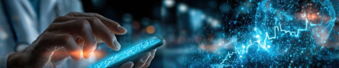 Fototapeta premium Futuristic digital technology concept with a person using a glowing smartphone interacting with holographic data streams and glowing digital network connections