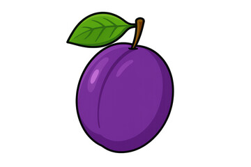 Cheerful purple plum character smiling, symbolizing nutritional benefits, vitamins, antioxidants with bright green leaf on clean background