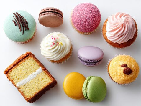 Assorted colorful macarons and cupcakes arranged on white background with variety of flavors and textures for dessert and confectionery display