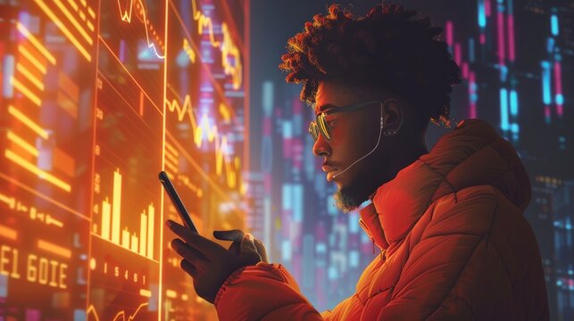 A young man wearing glasses and a jacket looks at a smartphone in front of a glowing screen filled with data charts and graphs. - Powered by Adobe