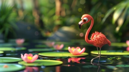 Fototapeta premium A cartoon pink flamingo stands in a pond with lily pads and pink flowers.