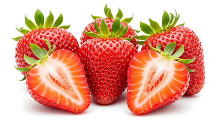 Close up of Fresh Vibrant Strawberries Ripe strawberries whole and sliced showcasing their vibrant red color and texture against white background strawberries fresh fruit red