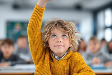 Young curious girl with curly blonde hair raising hand in classroom full of attentive students du lesson or activity
