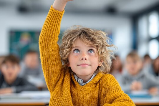 Young curious girl with curly blonde hair raising hand in classroom full of attentive students du lesson or activity