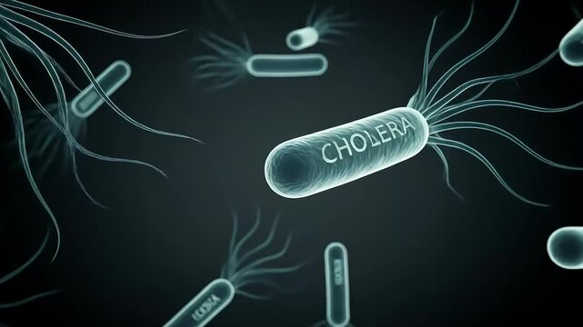 Animated Microscopic Rendering of Cholera Bacteria with Text Overlay on Dark Background