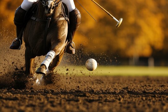 A close-up action shot of a polo player striking the ball mid-gallop, dirt flying from the hooves with copy space. 