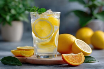 Fototapeta premium Refreshing Citrus Infused Water in a Tall Glass with Lemon and Orange Slices Garnished with Mint on a Wooden Surface with Whole Fruits in a Modern Kitchen