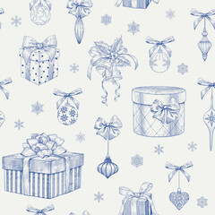 Christmas seamless pattern with gift boxes toys bows bells snowflakes. Blue beige. Hand drawn engraved elements. Toile Vintage vector background for design package, paper, wrapping, decor new year