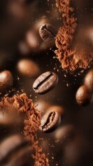 Captivating coffee cascade: a dynamic display of beans and powder burst