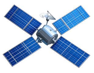 Flat Satellite Icon with Solar Panels and Antenna Dish, Minimal Tech Style, Transparent Background PNG