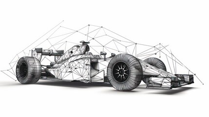 A wireframe illustration of a formula one race car.