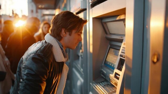 ATM Usage: Focused individual interacts with an ATM, a queue of people wait in anticipation