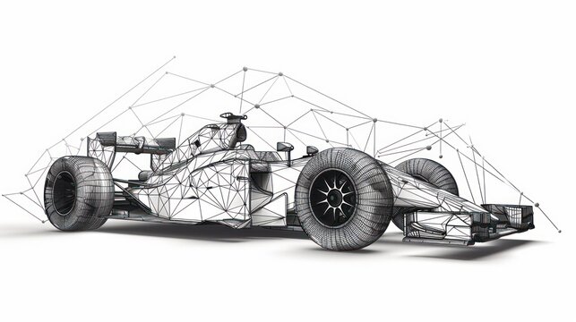 A wireframe illustration of a formula one race car.
