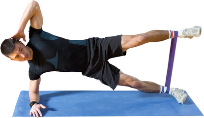 Athletic guy in sportswear and fitness tracker doing exercises in gym.