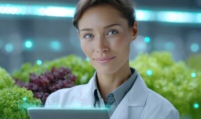 Professional female scientist examining plants in a modern greenhouse with vibrant greenery and bright lighting for botanical research and innovation